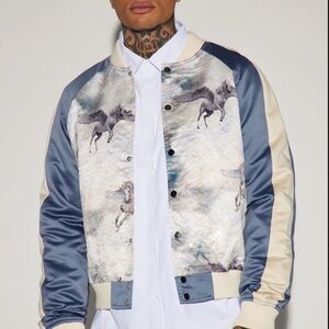 Men's Blue and Cream Horse Print Bomber Jacket